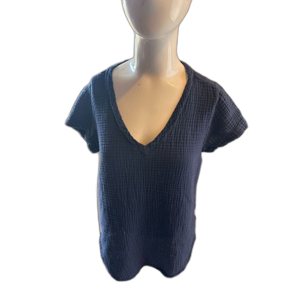 Cloth & Stone Women's Top Gauze Cotton Top V-Neck Size S Blue Short Sleeve Blue